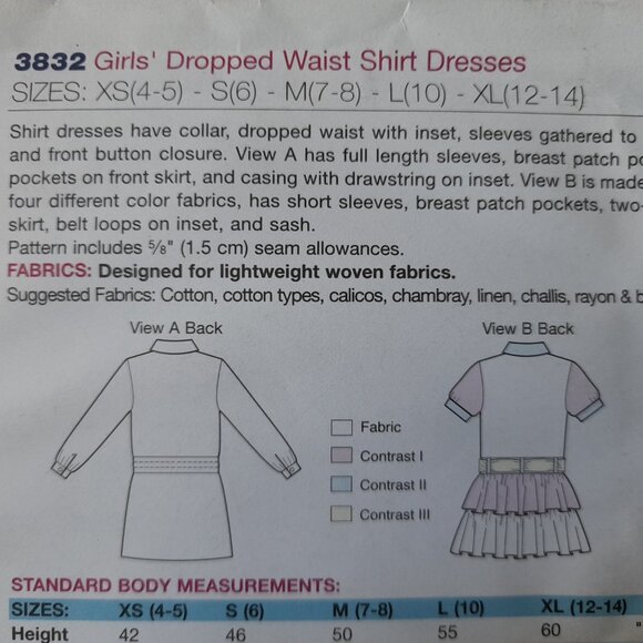 Girls Dress Sewing Pattern Dropped Waist Shirt Collar Size 4-14 Kwik Sew 3832 - Picture 6 of 9